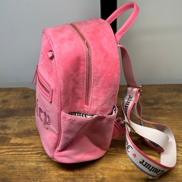 Juicy Couture Pink Velour Mini Backpack Rhinestone Logo Webbed Straps Y2K Style - Picture 4 of 11